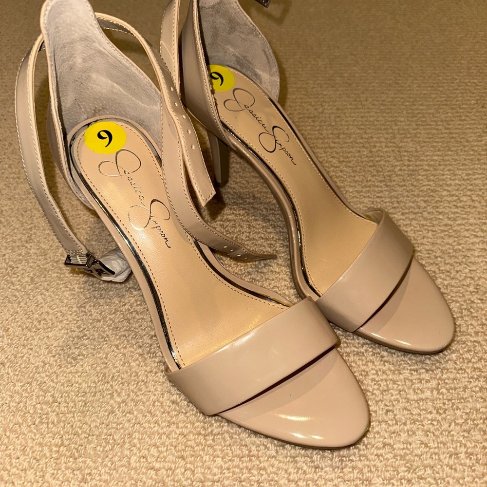 Jessica Simpson Tan Heels with Ankle Strap and Block Heel
